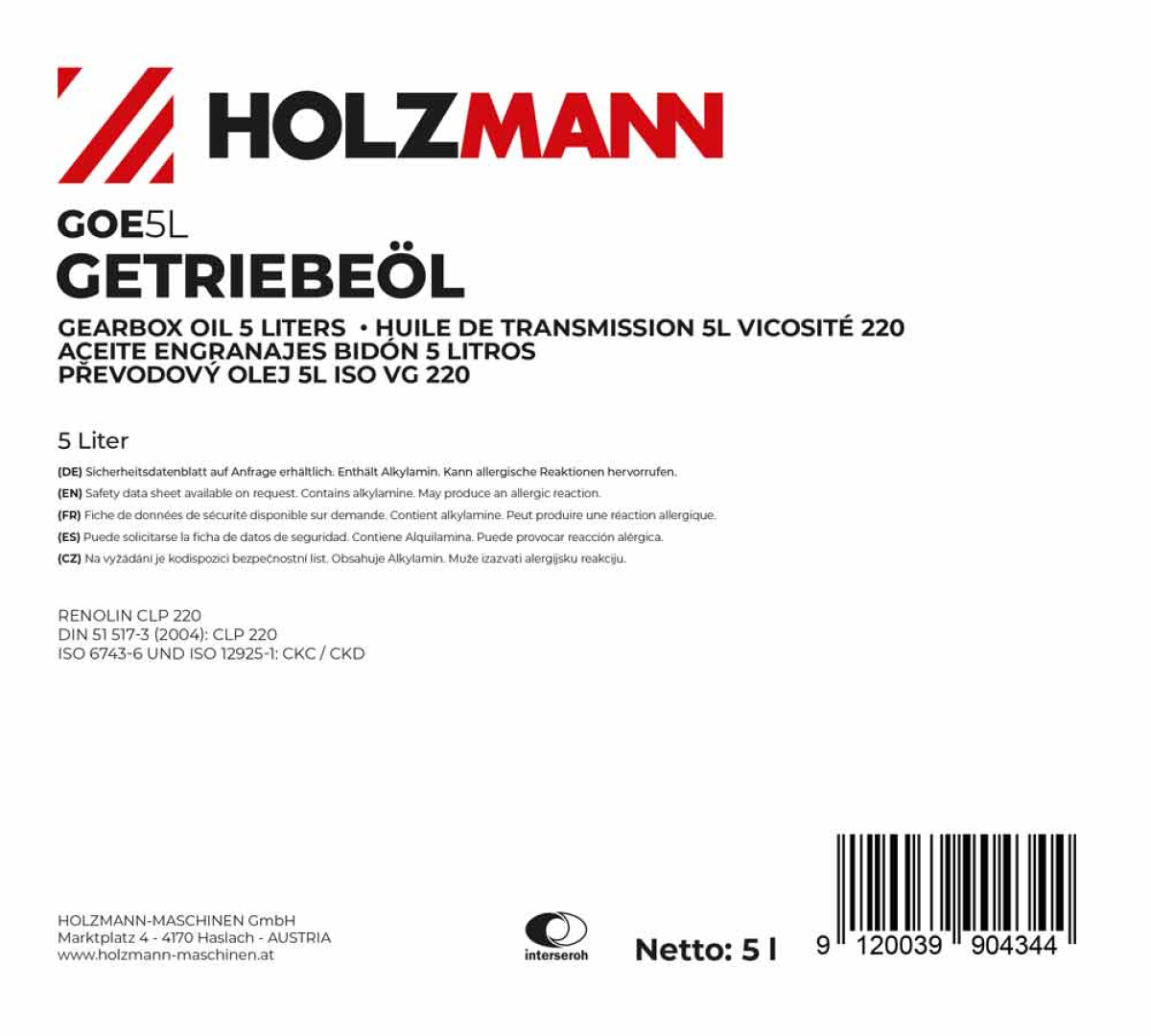 Holzmann Maschinen Getriebeöl 5 Liter Viskosität 220 GOE5L
