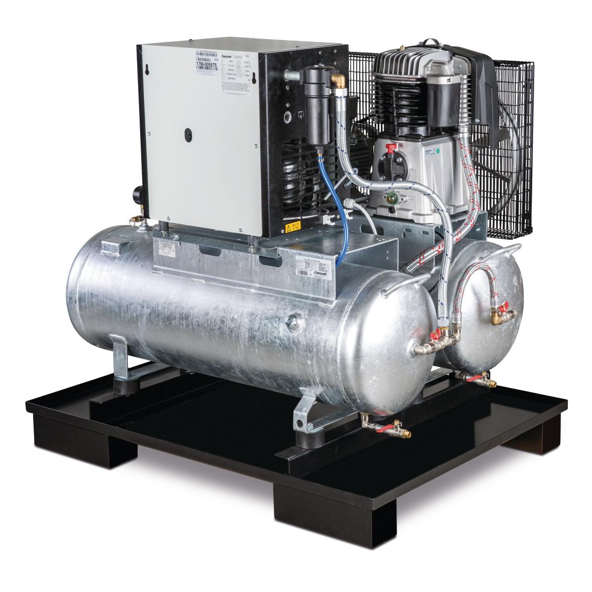 Aircraft Stationärer Kolbenkompressor mit 2x 100 Liter-Druckluftbehältern und Kältetrockner AIRPROFI DUO 853/2x100/10 K