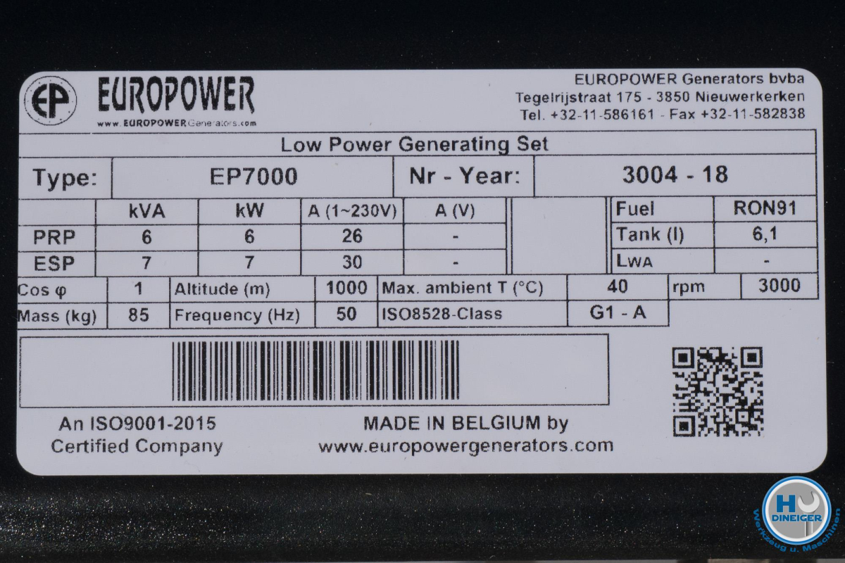 Europower Stromerzeuger EP7000 mit Honda GX390 Motor 7 KvA 1x 230 Volt