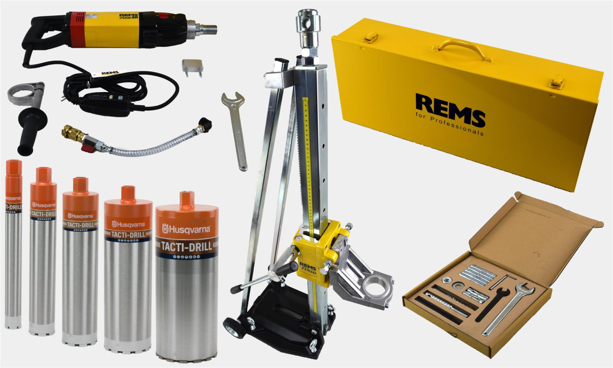 REMS Picus SR + Titan SET Kernbohrgerät für Nass und Trockenbohren Freihand und Ständergeführt inkl Bohrkronen 52 - 82 -112 - 152 - 200